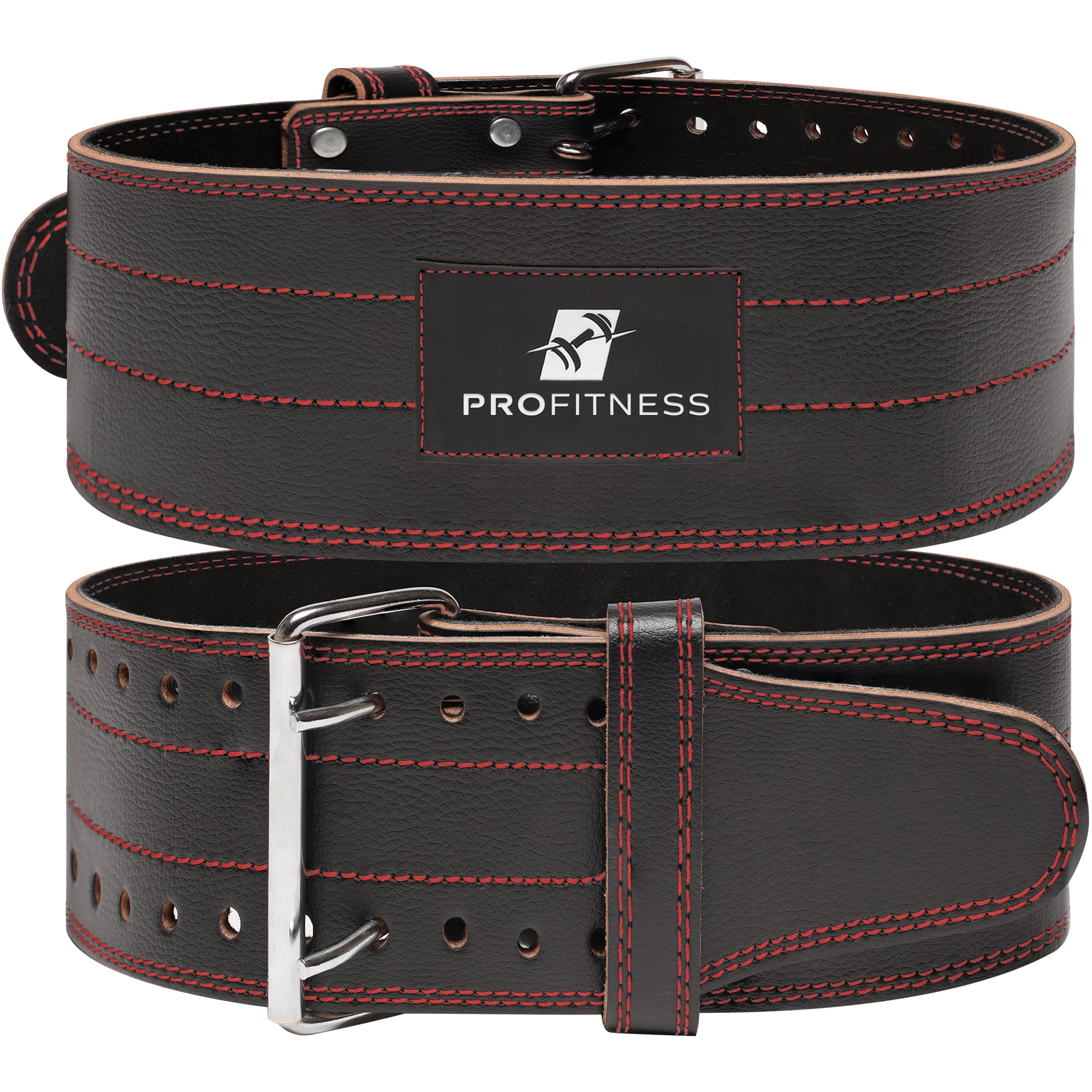 Black leather weightlifting belt with 'PROfitness' logo in front.